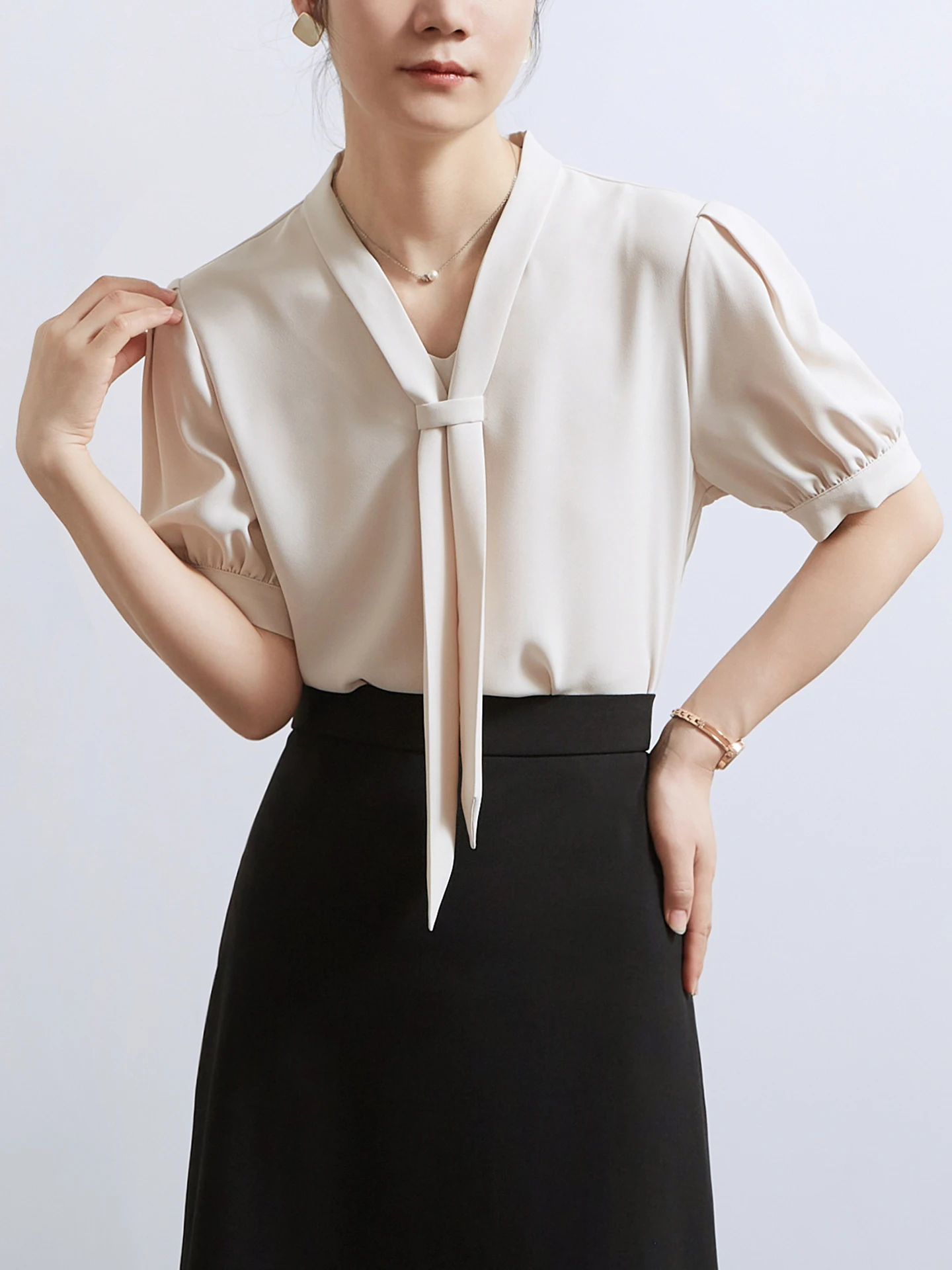

CHICBLISS Khaki Color Chiffon Short Sleeve Shirt Women's Summer V-neck Elegant Commute OL Style Ribbon Top Ladies' Blouse