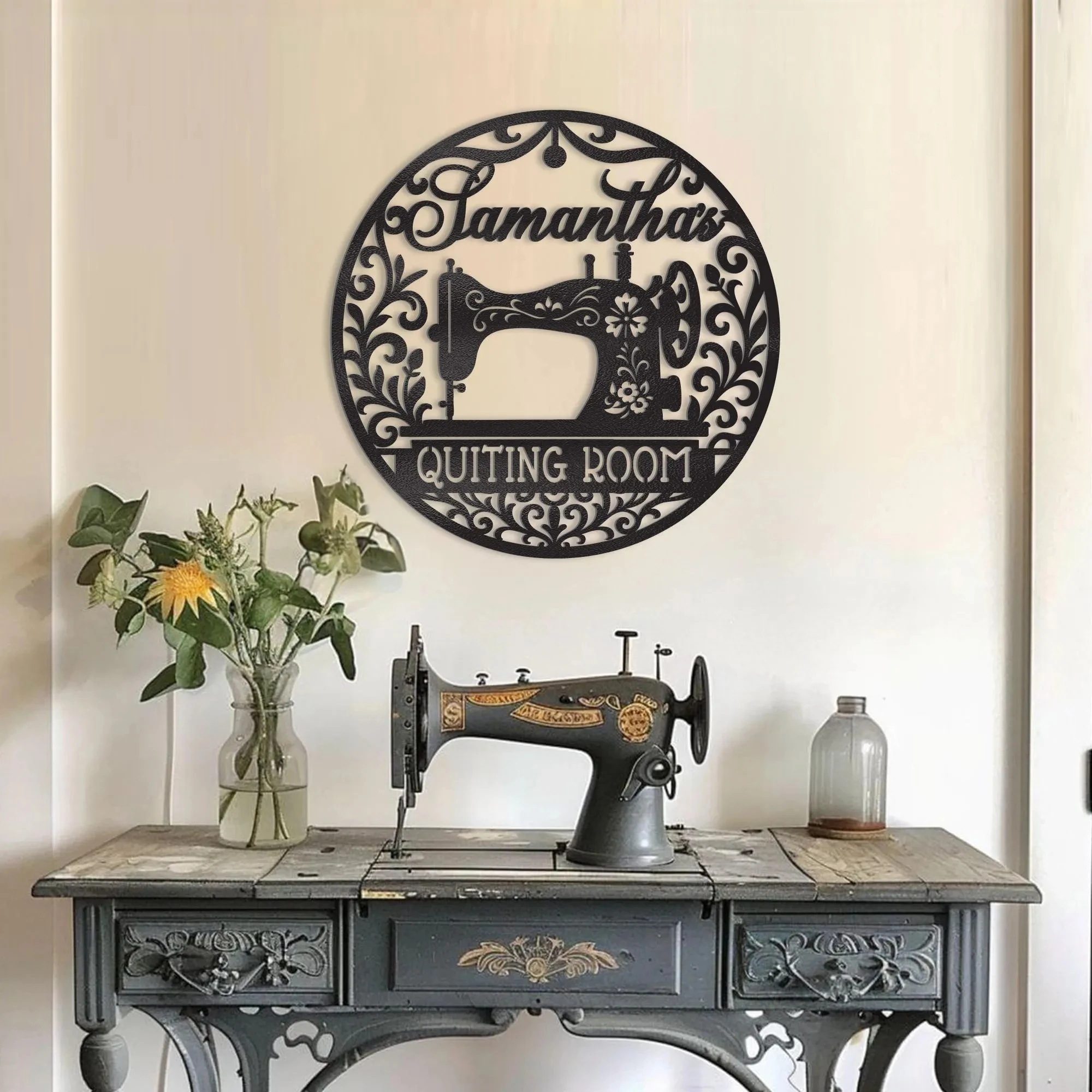 Sewing Machine Metal Wall Art – Custom Quilting Room Sign, Personalized Sewing Studio Decor, Gift for Seamstress