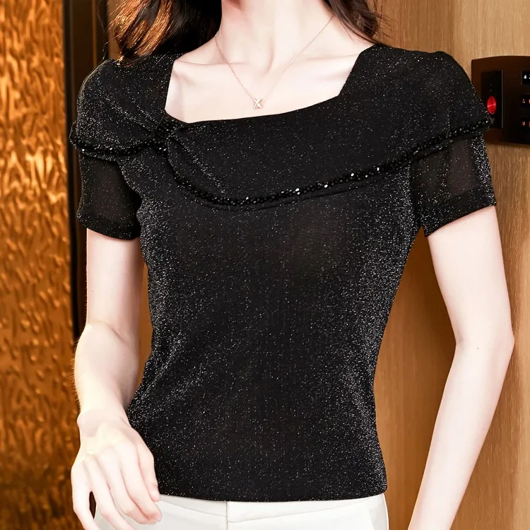 

Лето 202, новая футболка Faion Ele с квадратным воротником и жемчугом Embellied Color Me ort Sve для молодых женщин премиум-класса...