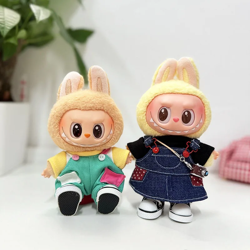 15/17 cm da 1a a 3a generazione LABUBU / DIMOO Abbigliamento con tasche Salopette in denim a pois rosso caramello con cappello da pescatore