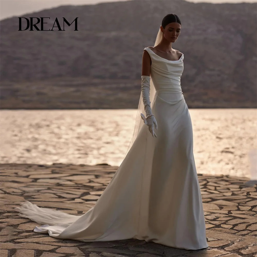 DREAM Scoop Collar Pleat Wedding Dresses A-Line Open Back Spaghetti Straps Sleeveless Bridal Gown Vestidos De Novia Customized