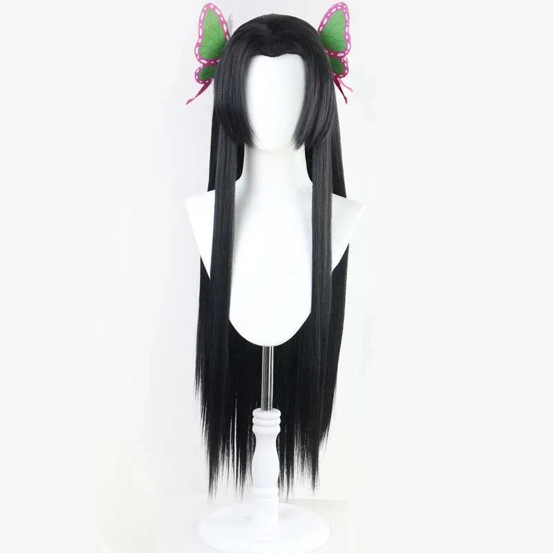 Peluca Kochou Kanae de Anime Demon Slayer, Cosplay de Kimetsu no Yaiba, peluca de pelo largo negro, tocado de mariposa, accesorios de pelucas de Halloween para mujer