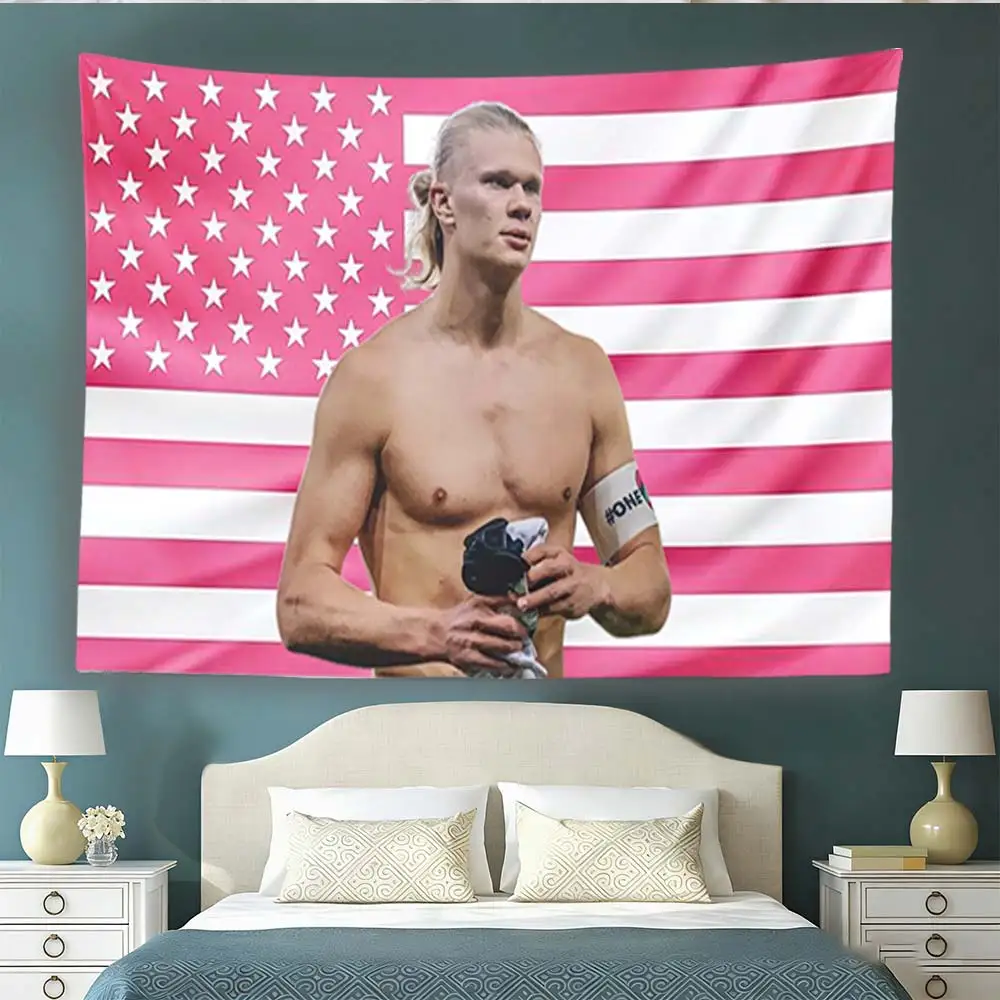 Erling Haaland Pink American Flag Tapestry Football Star Portrait Wall Hanging Dorm Bedroom Decor Fan Banner