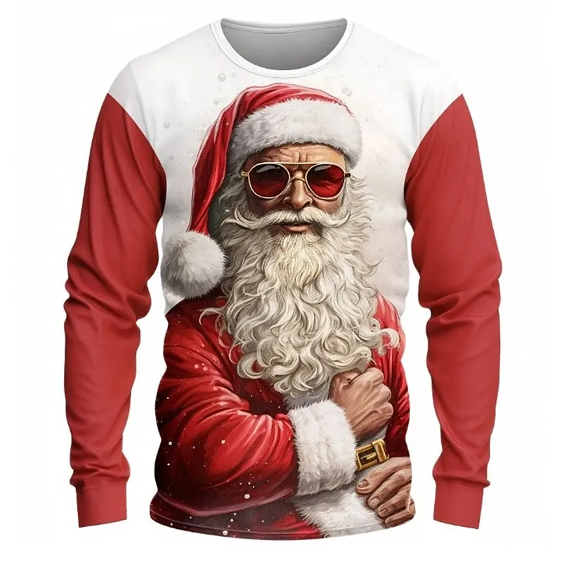

Men's Santa Claus T shirt Long Sleeve T shirt 3D Printed Crew Neck Shirt Fashion Daily Street Casual Red Autumn Winter Clothing