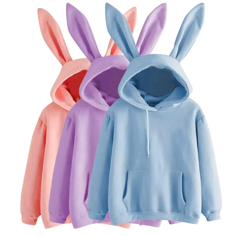 Women Hoodie Cute Long Rabbit Ears Drawstring Hoodie Solid Color Ribbed Cuff Female Sweatshirt For Daily Wear