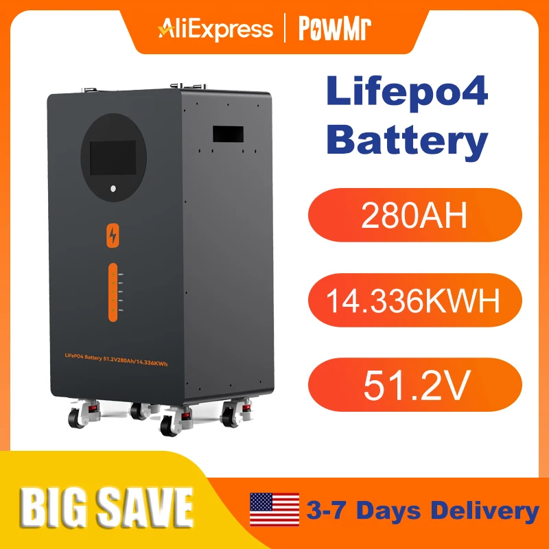 PowMr 280AH LiFePO4 Battery 48V 14KWH Solar Generator Battery Packs Solar Lithium Battery Home Energy 6000+ Cycle CAN BMS Up to 15 Units in Parallel