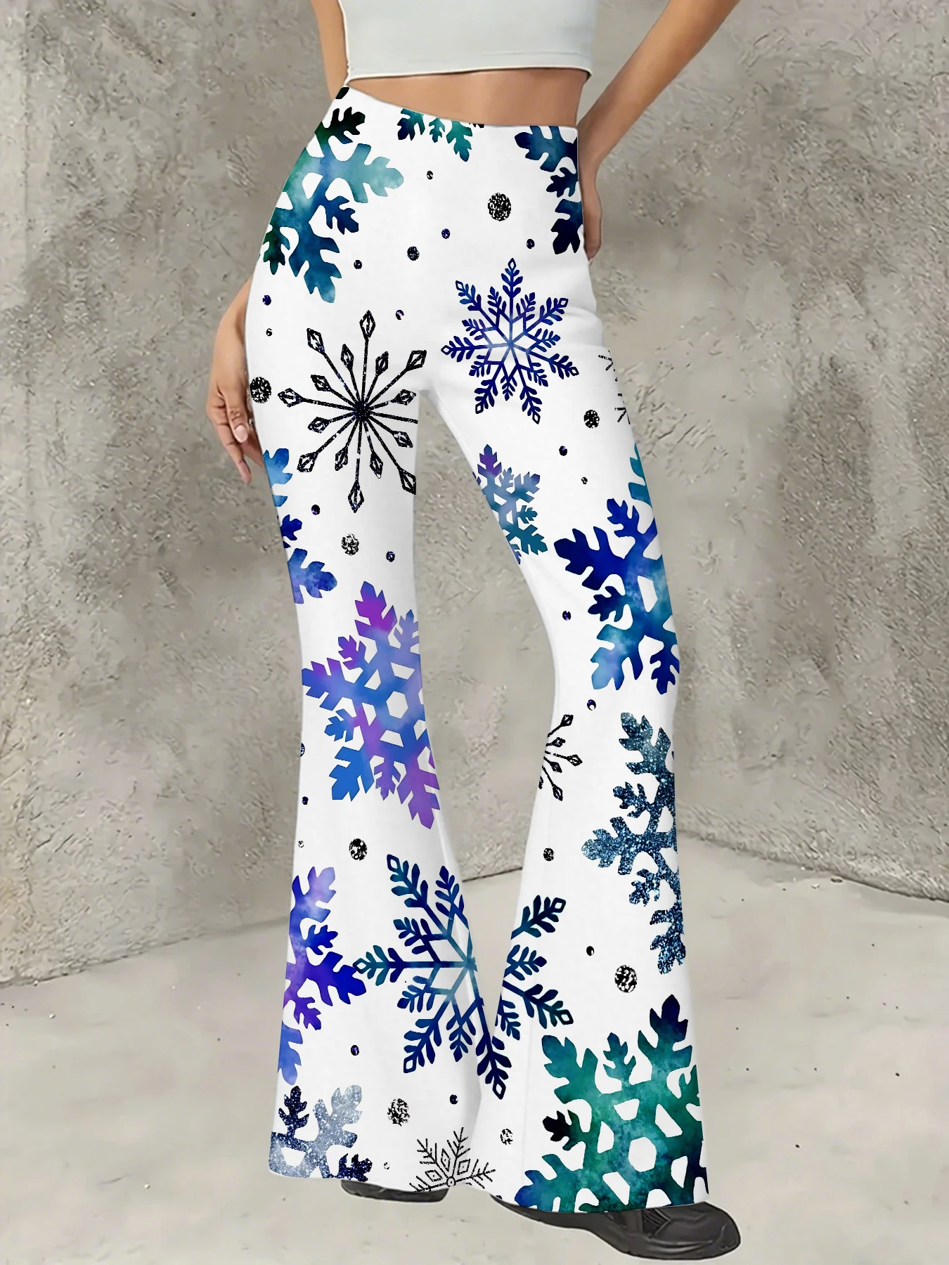 

Women's Print Flare Pants Casual High Waist Knit Bell Bottom Trousers Boho
