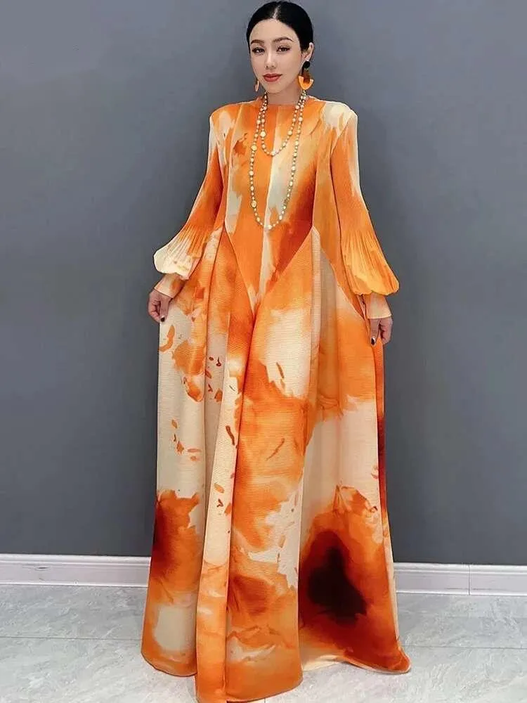 

20254 Spring Summer New Chiffon Dress With Printed Splicing Folded Bubble Sleeves Large Swing Elegant Dresses Vestido De Mujer