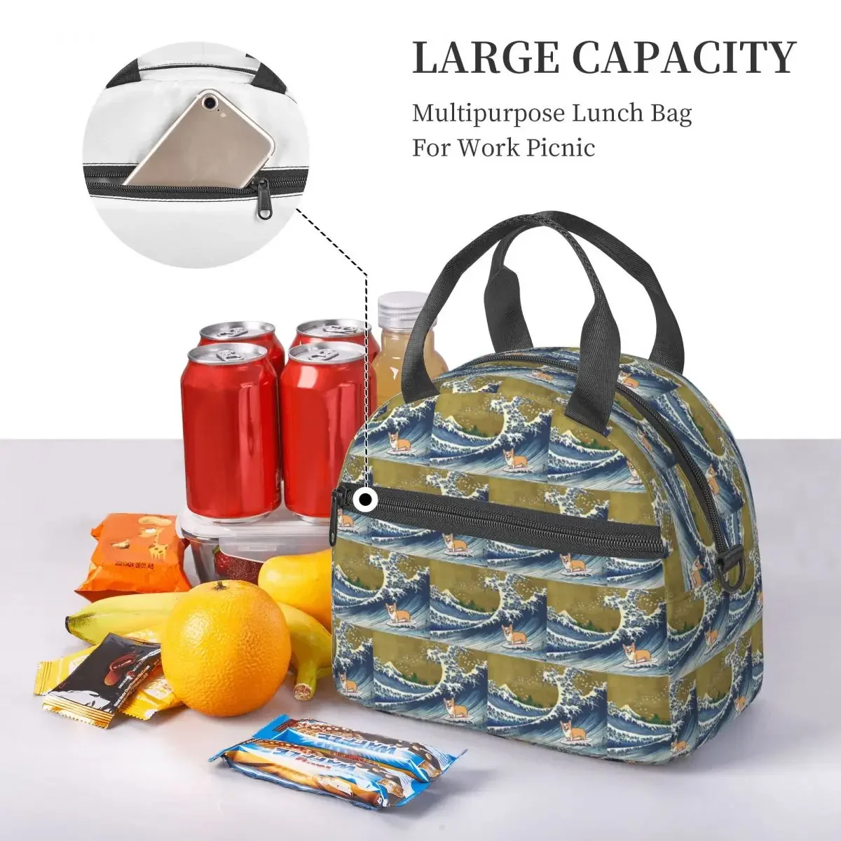 Corgi Dog Surfing The Great Wave Insulated Lunch Bag for Women Children Portable Food Boxes Thermal Lunch Box Tote