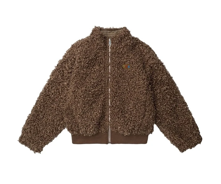 Outono inverno retro reversível gola xadrez café cor jaqueta de algodão americano high street cinza casaco de lã de cordeiro feminino