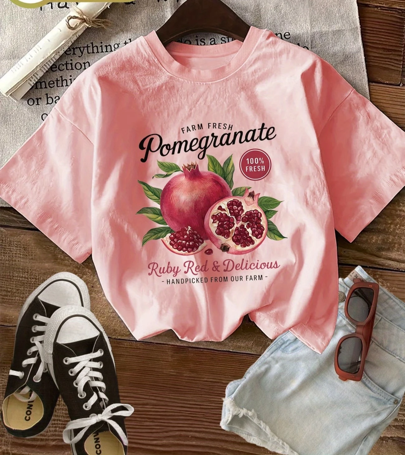 Farm Fresh Pomegranate Fruit Printed T-Shirt Cotton Women Y2K T Shirts All-Match Summer Clothing Comfortable Top Gothic Top Tee