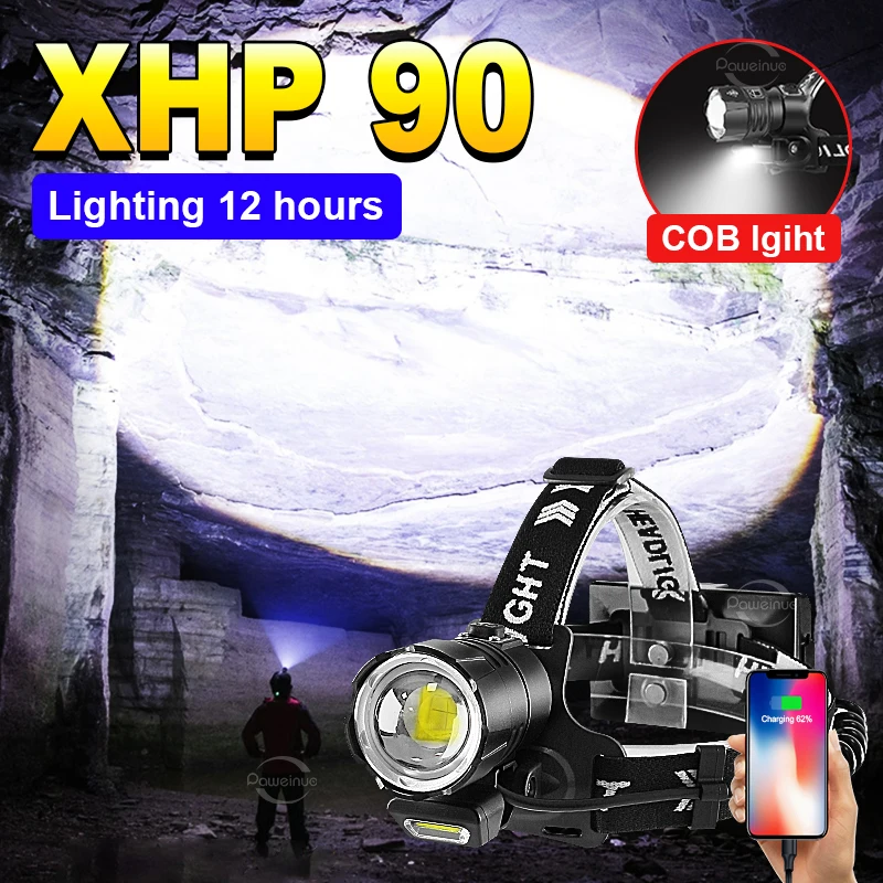 

XHP90 Powerful Long Range LED COB Headlamp Headlight Rechargeable Flashlight High Power Fishing Headlights Outdoor Head Lamp