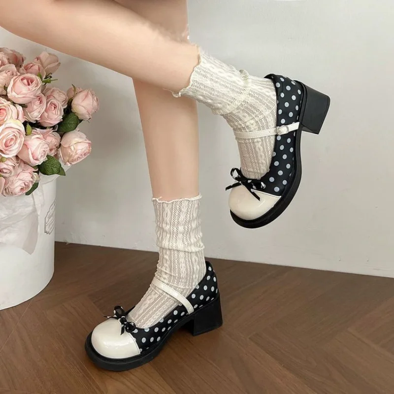 Women Polka Dot Two-Tone Bow One Strap Buckle Platform Block Heel Mary Jane Shoes,Preppy JK Lolita Shoes,Platform Block Heels - view 5