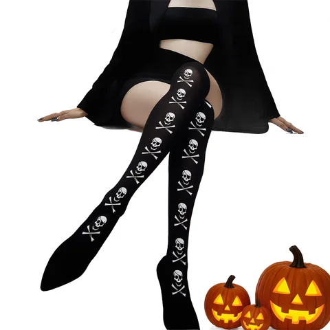 Women Skull Crossbones Print Thigh High Stockings, Black White Pirate Skeleton Socks for Halloween Gothic Cosplay Party