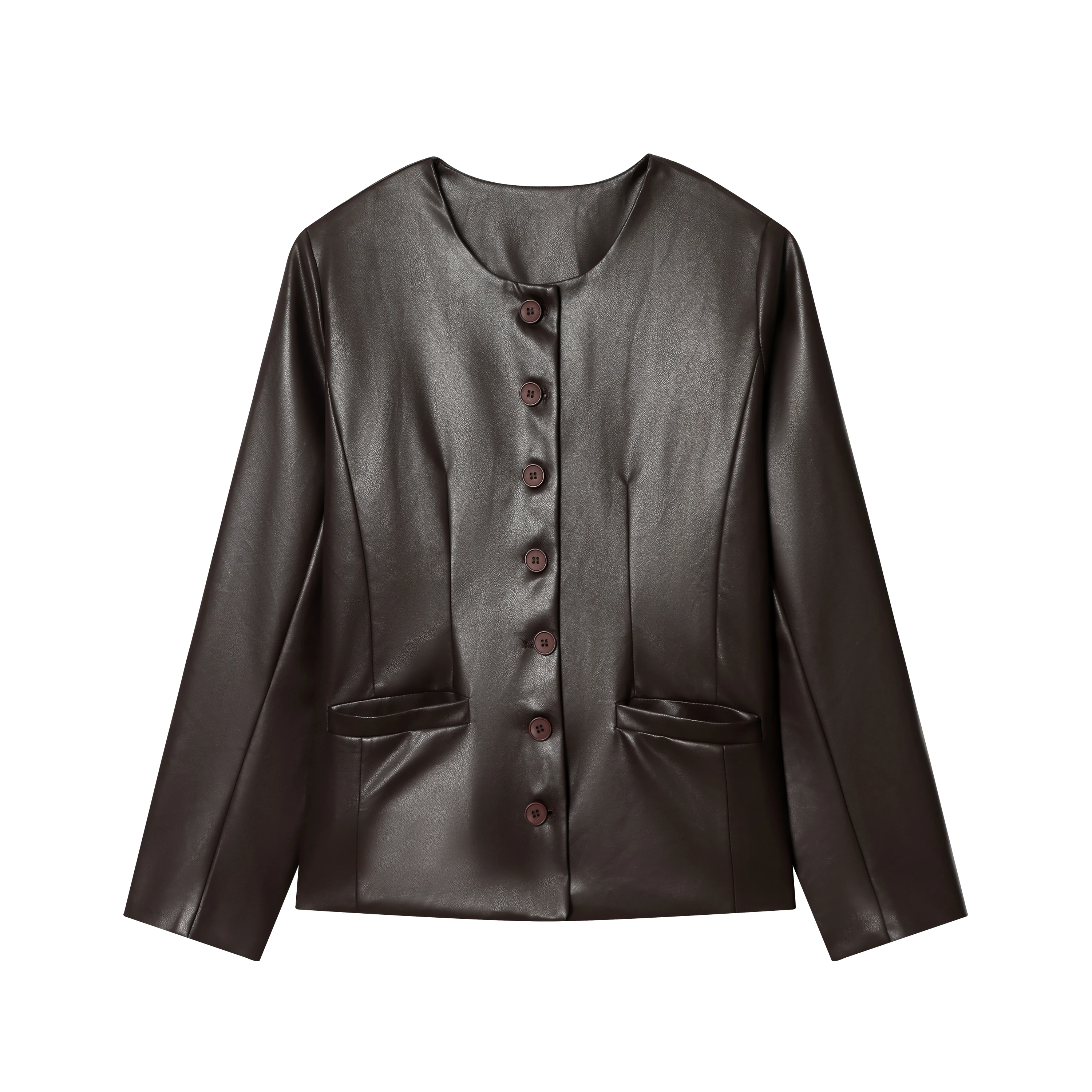 Inverno novo feminino casual longo sve redondo ne couro pu simulação agasalhos remendo decorativo ket fileira única múltipla...