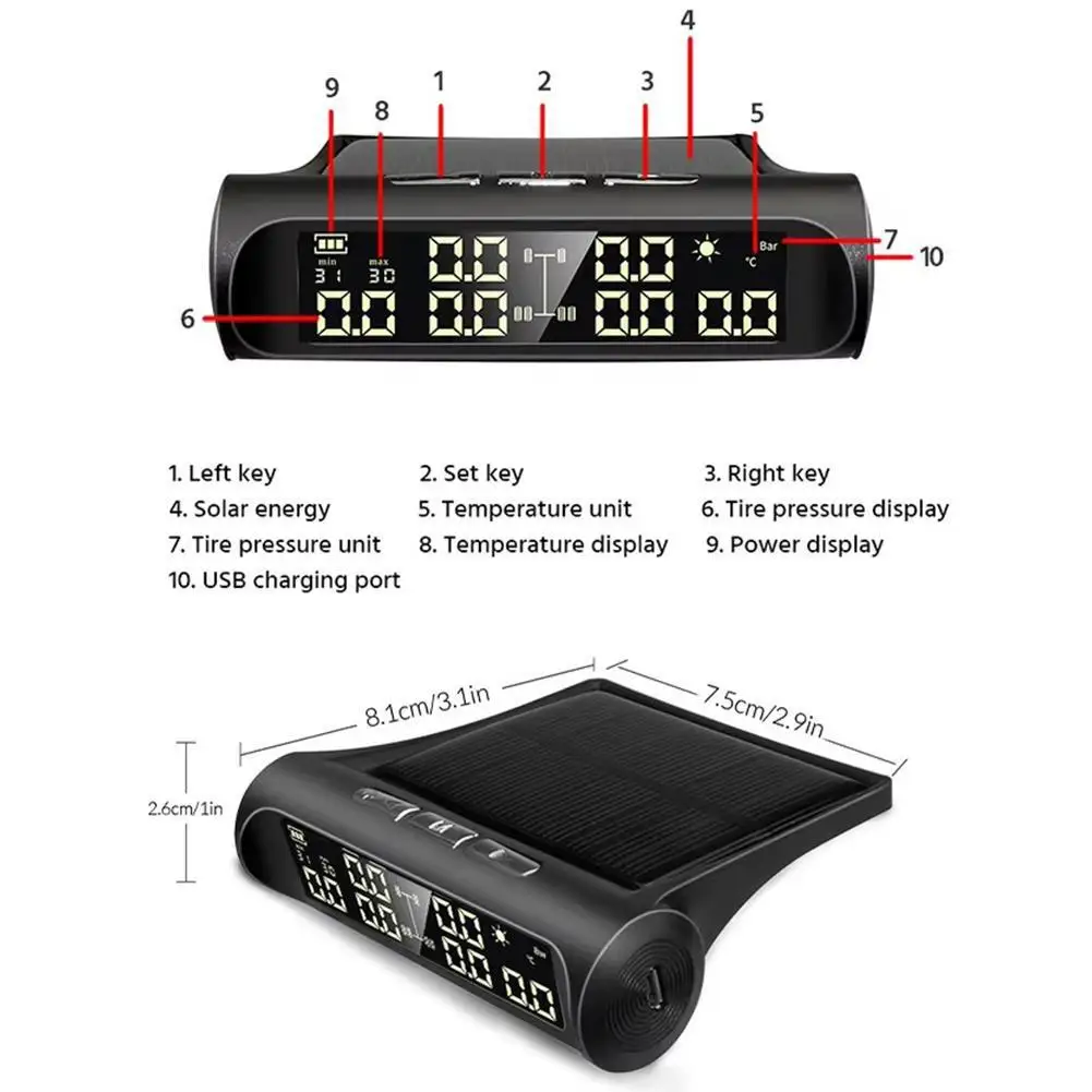 Solarbetriebenes Reifendruckkontrollsystem für Autos, kabelloses TPMS, automatischer Reifendruckalarm mit 4 externen Sensoren und Anzeige. – Detail 16