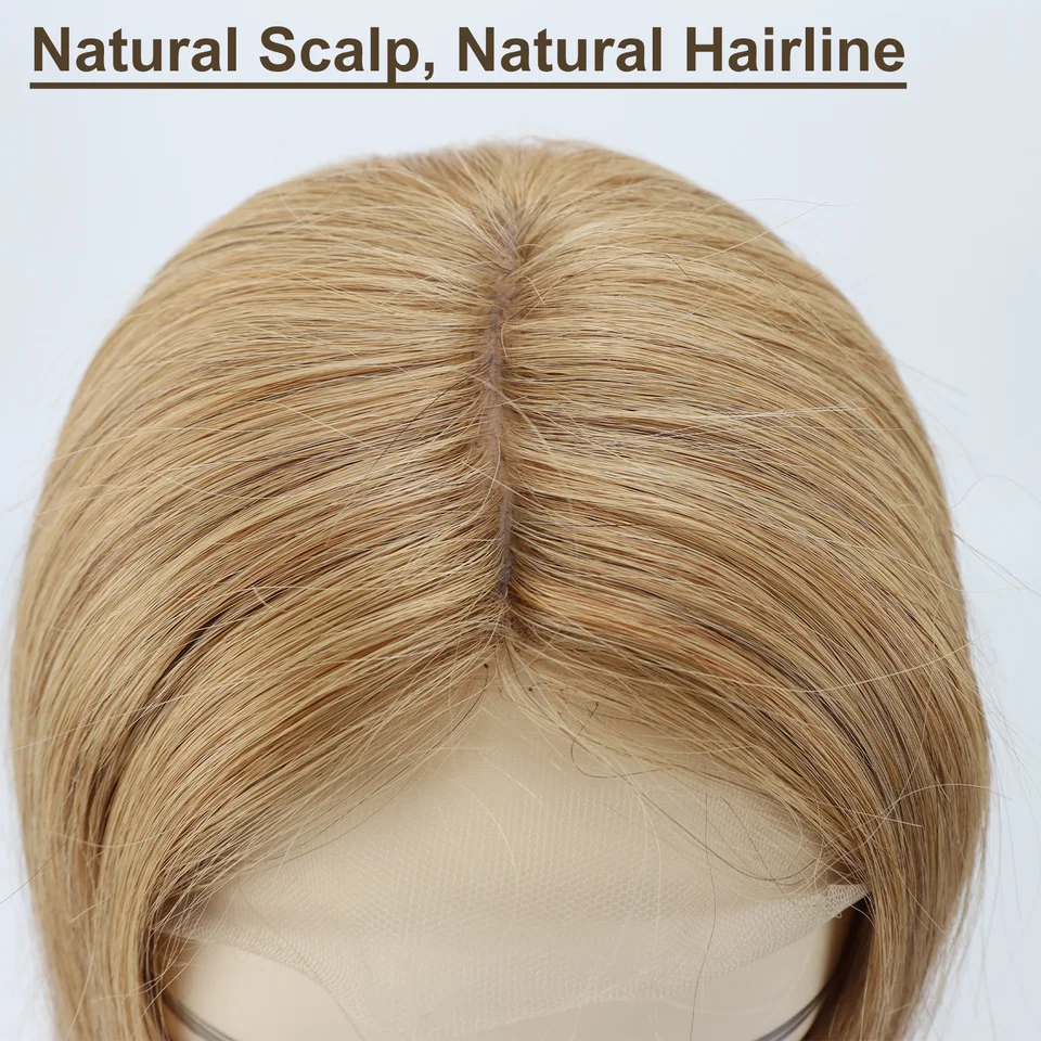 Toupee #27 Rubio Miel Remy Cabello Humano con Clips Base de Piel de Seda Frontal de Encaje Top de Seda 4