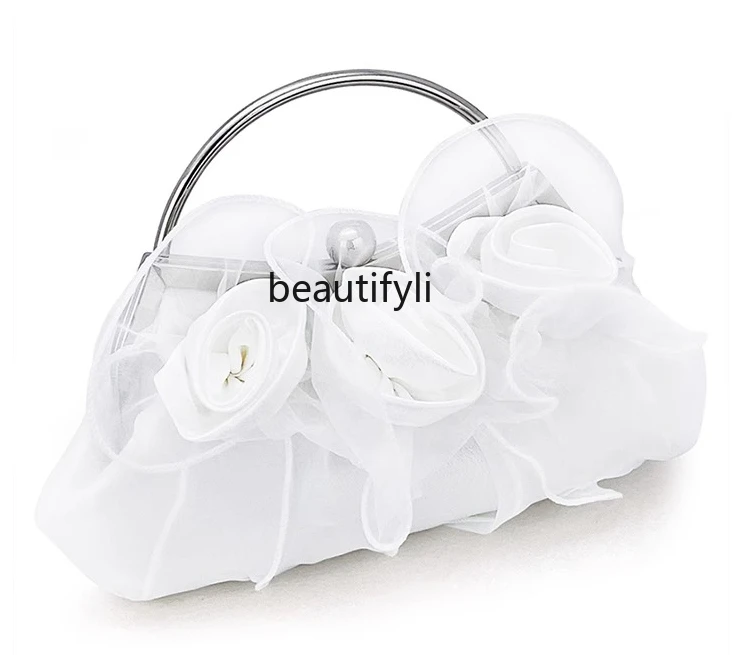 Vintage Pearl Flower Handbag Women's High-End Clutch White Rose Dinner Party Clutch Bag