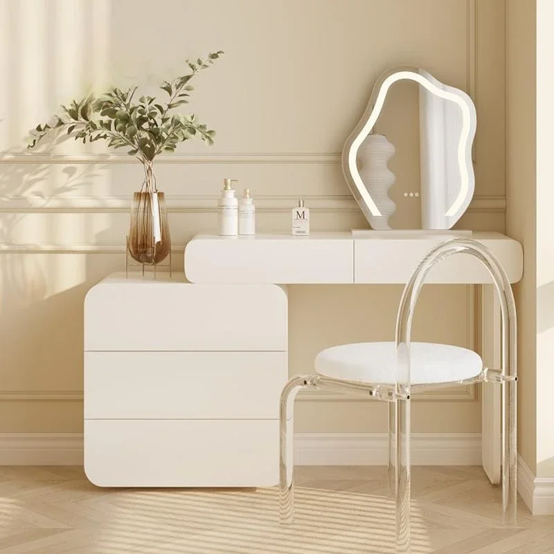 Simple Bedroom Furniture Ivory White Cabinet Table And Acrylic Chair