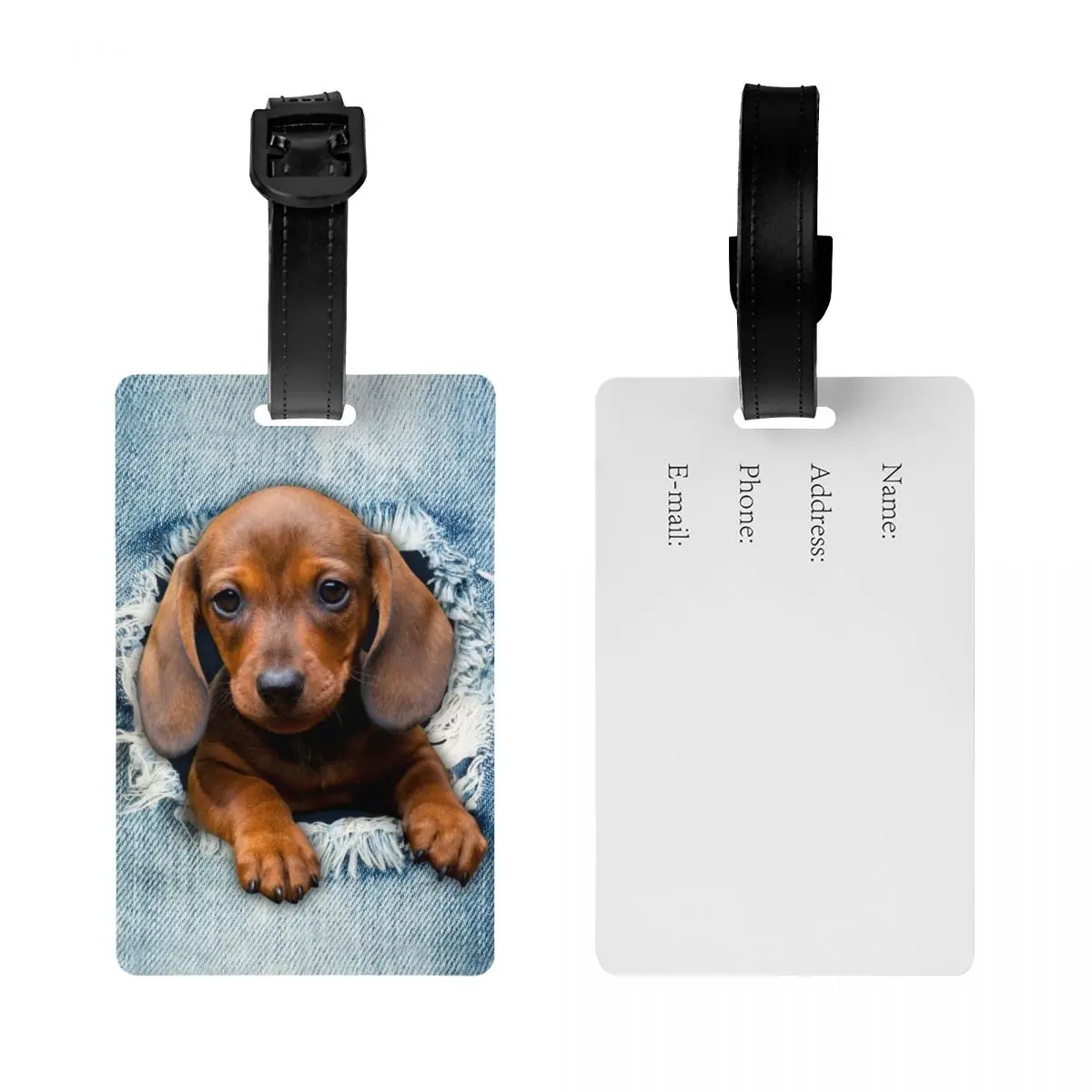 Custom Dachshund Dog Torn Jean Luggage Tag Privacy Protection Wiener Badger Sausage Dog Baggage Tags Travel Bag Labels Suitcase