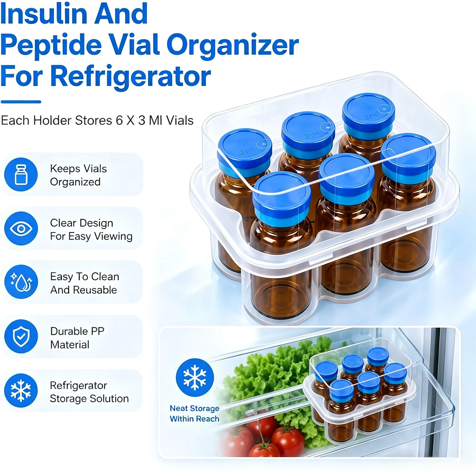 15/10/5 Packungen 6-Fach Klare Kunststoff-Aufbewahrungsbox Staubdichter Organizer für 3ml Peptid-Injektionsfläschchen Transparent Medica – Detail 1