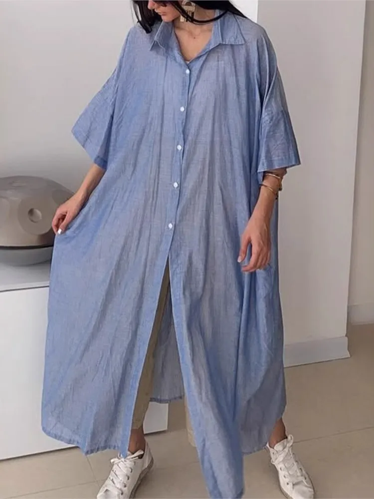 فستان نسائي كاجوال سادة موضة نصف كم بياقة مقلوبة قمصان فضفاضة فساتين للنساء عطلة مكتب الملابس النسائية الجديدة