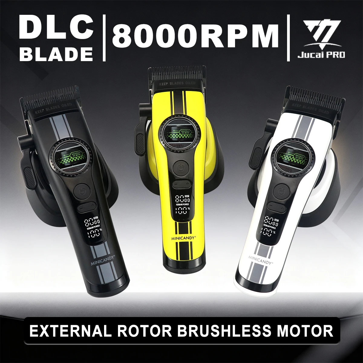 JUCAI MINICANDY F1 المهنية الرجال مقص الشعر الدوار الخارجي فرش السيارات DLC 8000 دورة في الدقيقة قاعدة شاحن آلة قطع الشعر