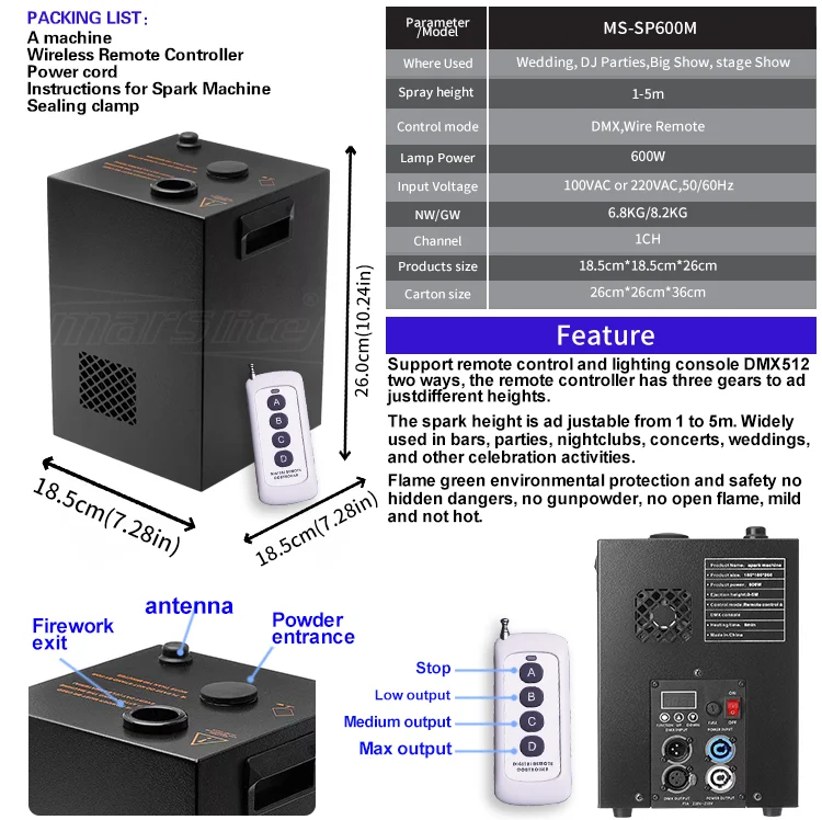 Factory Price 600w Cold Spark Machine Wedding Dj Party Stage Cold Sparkler Machine Remote DMX Contaol Cold Spark Machine