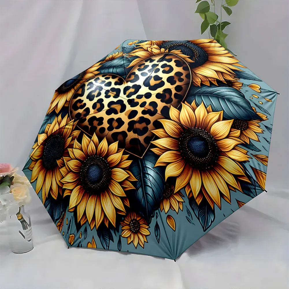 1PC Sunflower and Leopard Heart Design Umbrella Print 8 Iron Ribs Folding Umbrella Auto-Open Fashion Sunshade