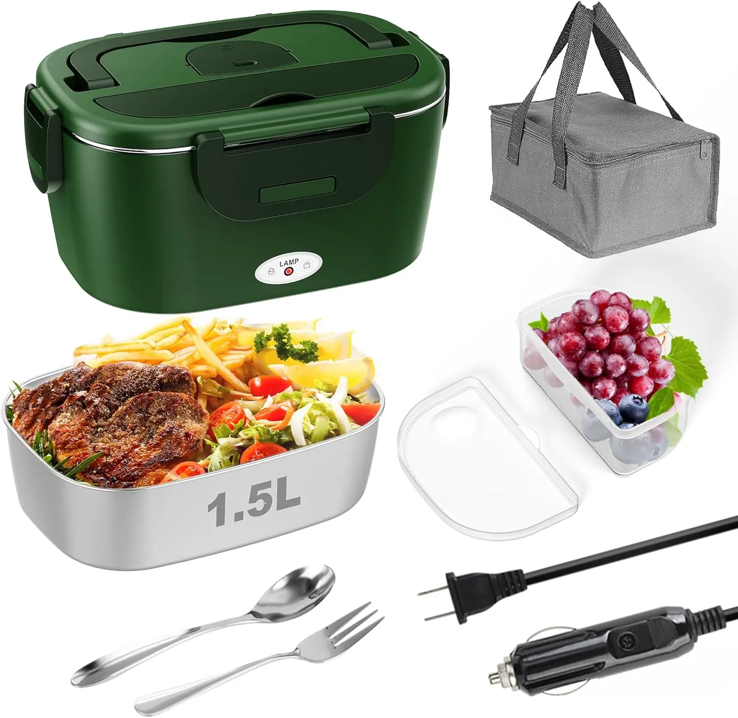 

Электрический ланч-бокс с подогревом из нержавеющей стали объемом 1,5 л — подогреватель еды с быстрым нагревом мощностью 80 Вт, зеленый
