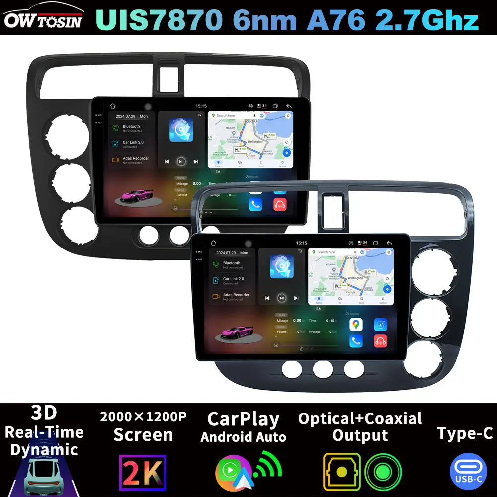 QLED 2K Screen 7870 A76 6NM Android 13 12G+256G Car Radio Multimedia Player GPS For Honda Civic EM ESEU 2000-2005 Auto CarPlay