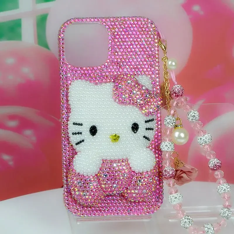 Handmade Original Sanrio for iPhone 11 12 13 14 15 Pro Max AB Diamond Hello Kitty iPhone 16 Plus Phone Case Rhinestone