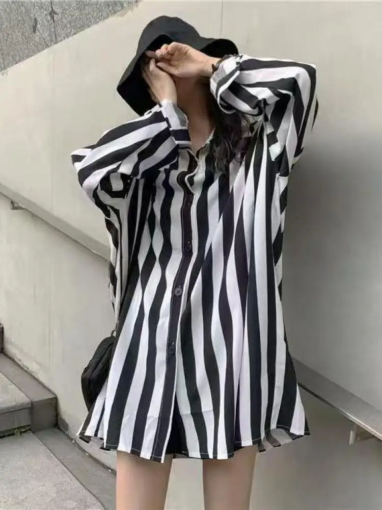 

Korean Women's Black Striped Patchwork Single Breasted Shirt Long Sleeve Elegant Blouse Vintage Spring Autumn Office Lady Tops