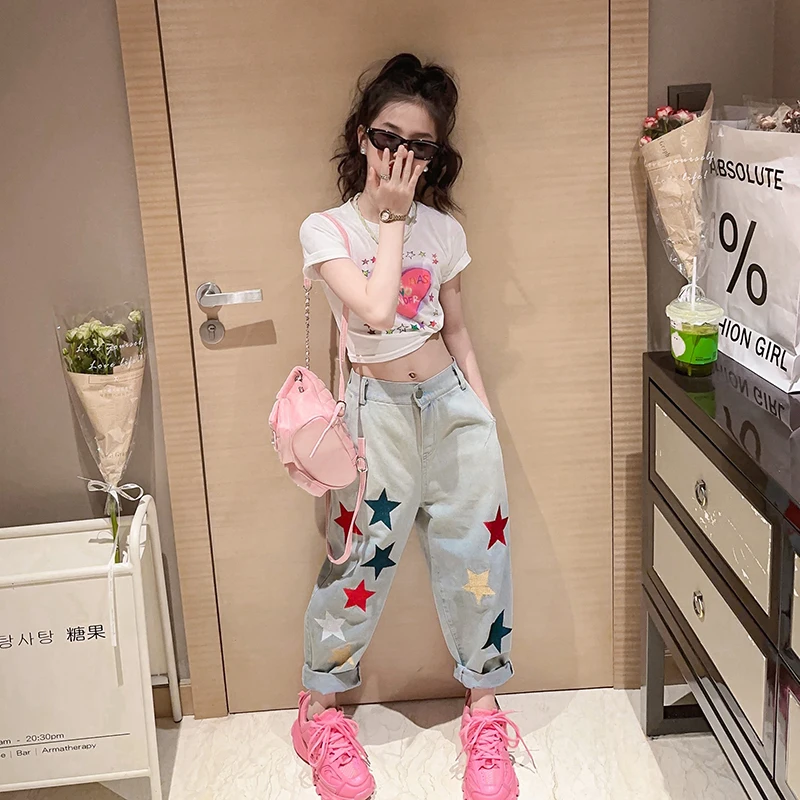 Baby Girls Printed Sets Summer Stars Jeans Embroidered jean Pants + Short-Sleeved Tshirt Outfits 4-13Yrs Girl Suit Kids Clothing