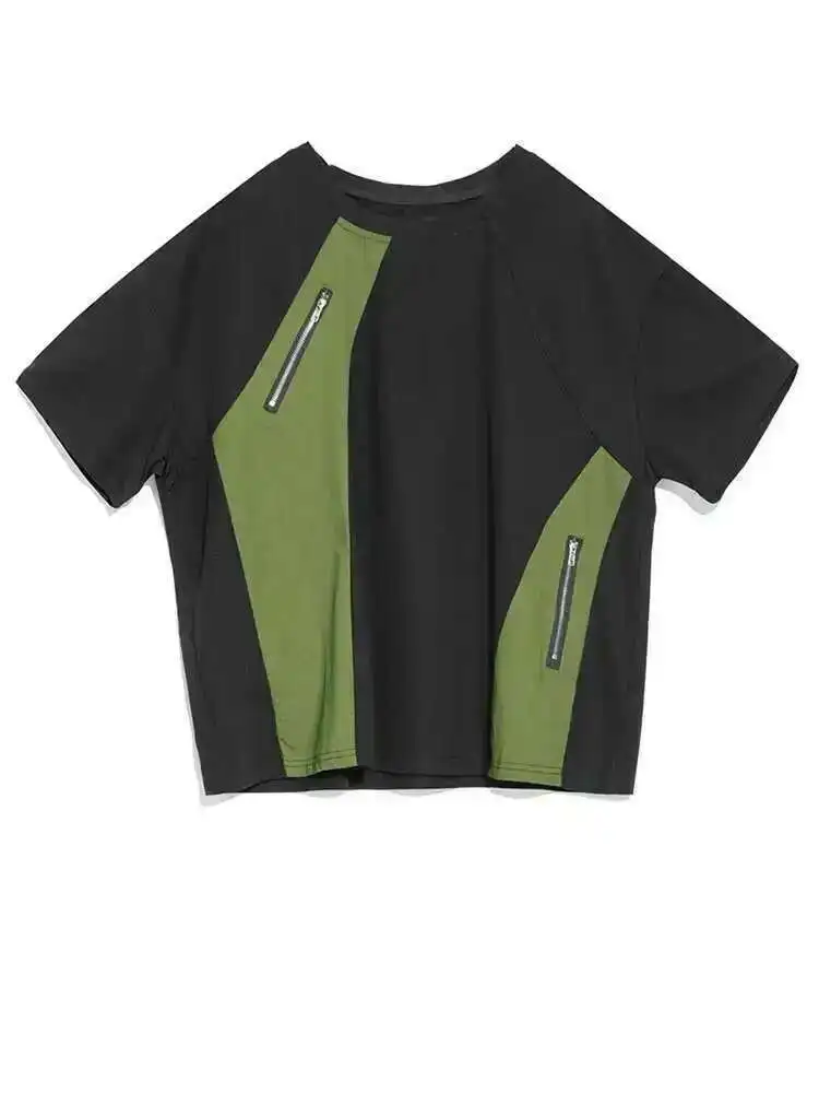 [EAM] Women Black Green Color-block Big Size Zipper T-shirt New Round Neck Short Sleeve Fashion Tide Spring Summer 2025 1DH5062 view 5
