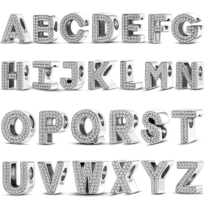 Breloques en argent 925 avec zircon, 26 lettres, pour bracelets originaux 925 pour femmes, bijoux DIY, pendentifs, cadeaux