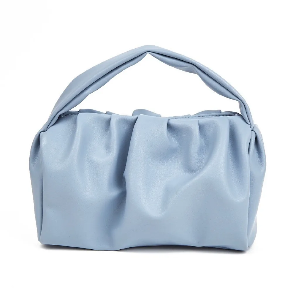 Large Capacity PU Cosmetic Bag Solid Color Pleated Tote Bag Handbag