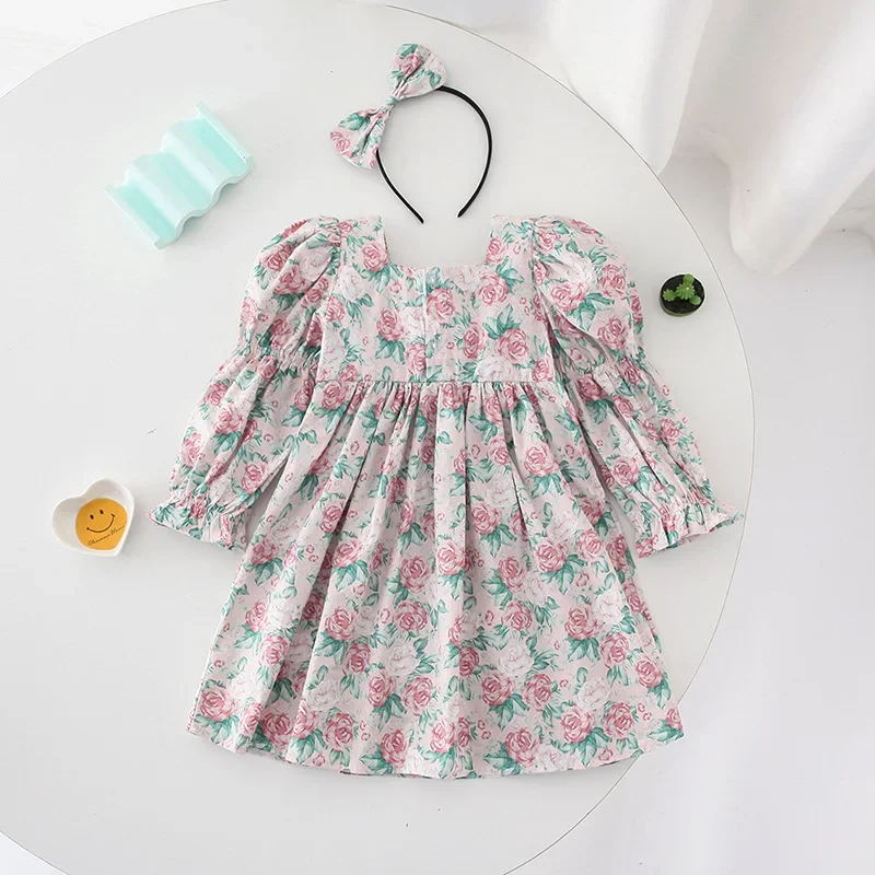 Kids Girls Floral Bow Dress Infant Flower Print Romper Little Sister Big Sister Matching Long Sleeve Clothes Newborn Bodysuit