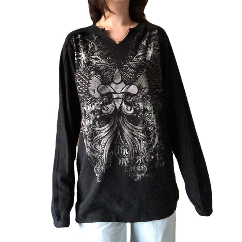 New Womens lang ärmelig bedrucktes lang ärmel iges Top lässig Retro Gothic Style Schädel gedruckt Pullover Club Street Shirt