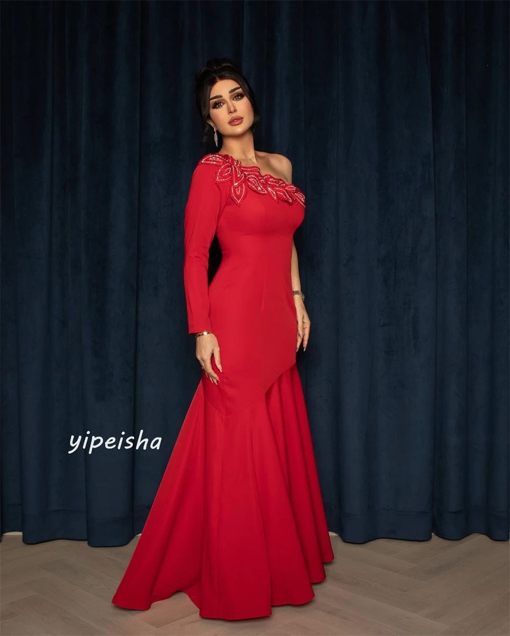 Customized  Jersey Applique Draped Engagement Mermaid One-shoulder Bespoke Occasion Gown Long Dresses Saudi Arabia Evening es es