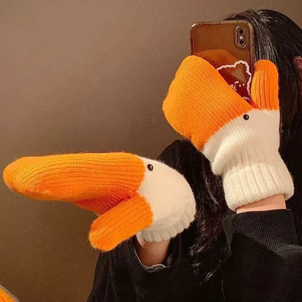 Thickened Double Layer Velvet Lined Knitted Gloves Windproof Cold Proof Warm Finger Gloves Creative Funny Goose Autumn Winter