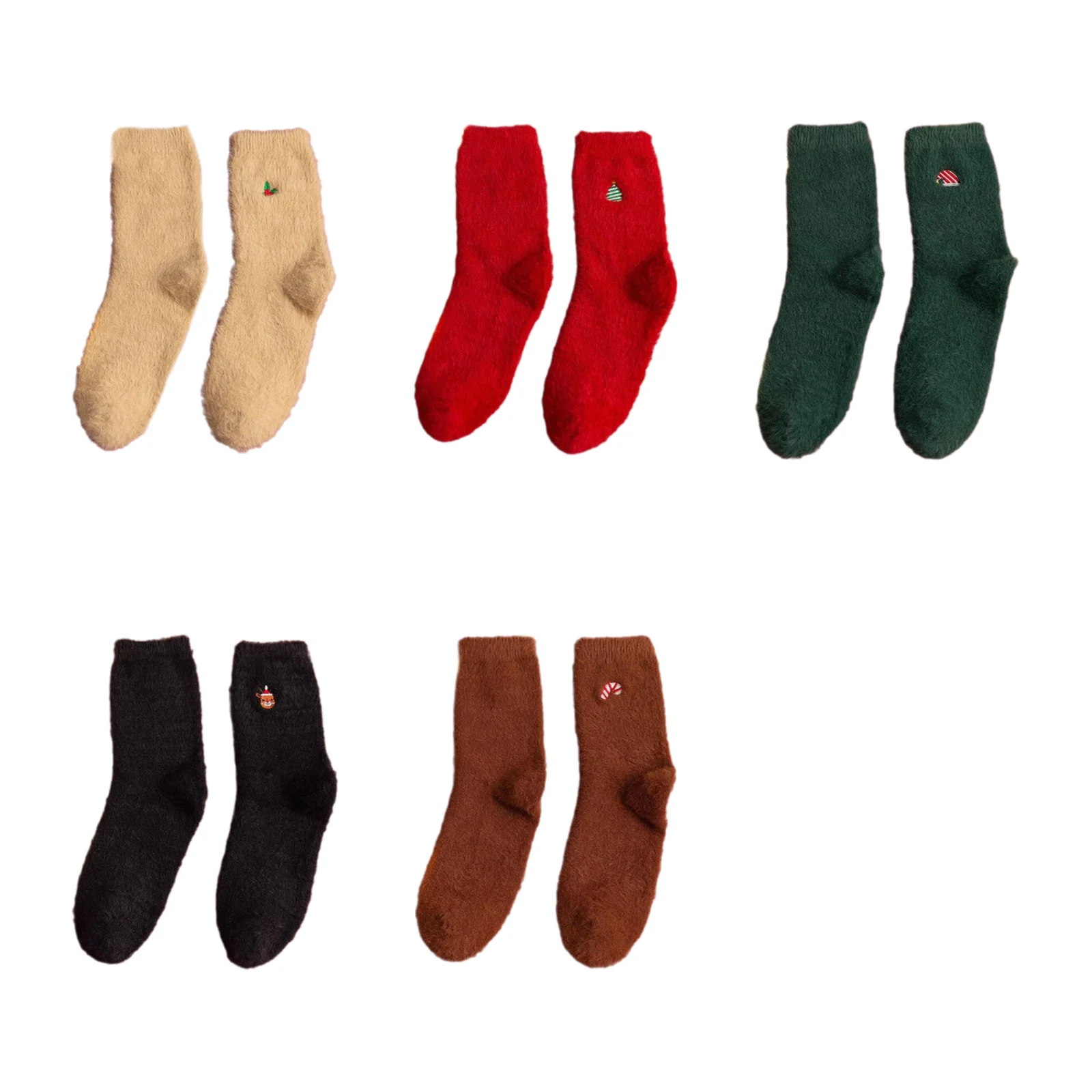 

Christmas plush embroidered mid-calf socks set (1 pair each of khaki/red/green/black/brown)