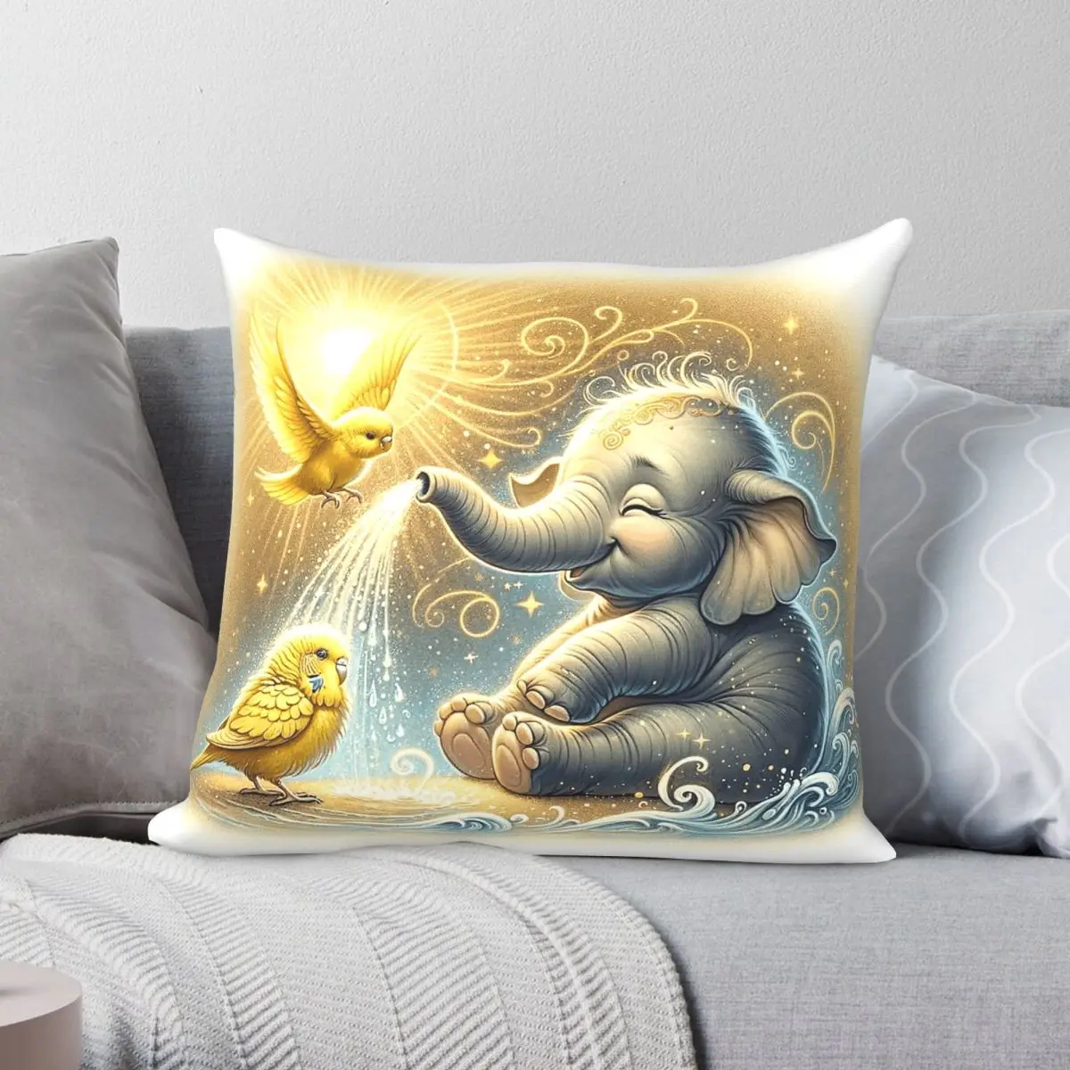 Baby Elephant Budgie Enjoying Bath Pillowcase Polyester Linen Velvet Pattern Decorative Pillow Case Car Cushion Cover Wholesale