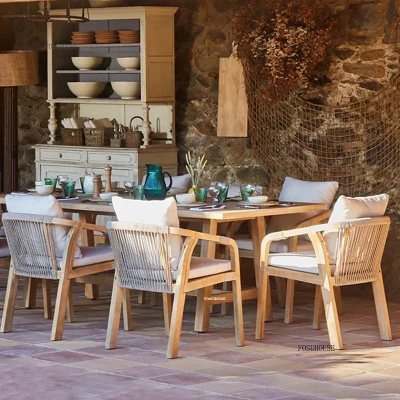 Italian Solid Wood Garden Chairs Outdoor Furniture Leisure Courtyard Villa Rope Chairs Hotel Garden Dining Table and Chair Set U