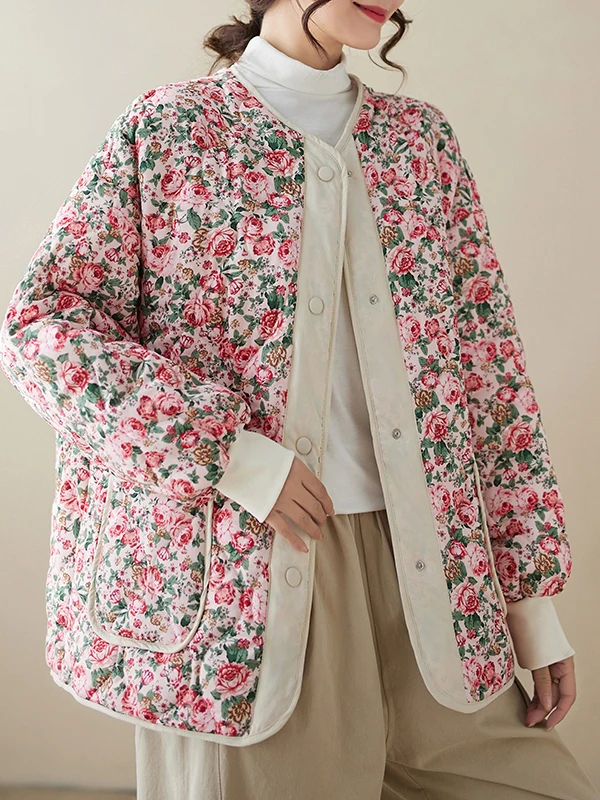 

Свободное хлопковое пальто большого размера, тонкое ретро-гарбузовое пальто с цветочным принтом, этническое зимнее пальто на одной пуговице, круглое Ne