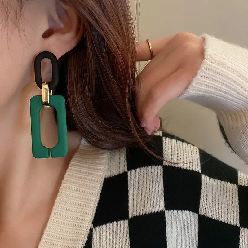 Green Color Big Geometric Earrings Korean Long Acrylic Square Round Earrings Vintage Dangle Drop Earrings Gifts for Women