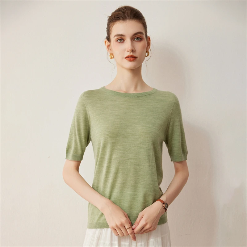 春秋の新作レディーススリムプルオーバー伸縮性100%羊毛セーターOネック半袖梳毛ウールニット通気性トップス