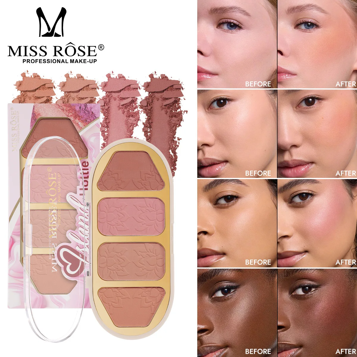 

MISS ROSE 4 Colors Rounded Texture Blush Palette All-in-one Facial Makeup Smudge-proof Long Lasting Portable Daily Cosmetic Tray