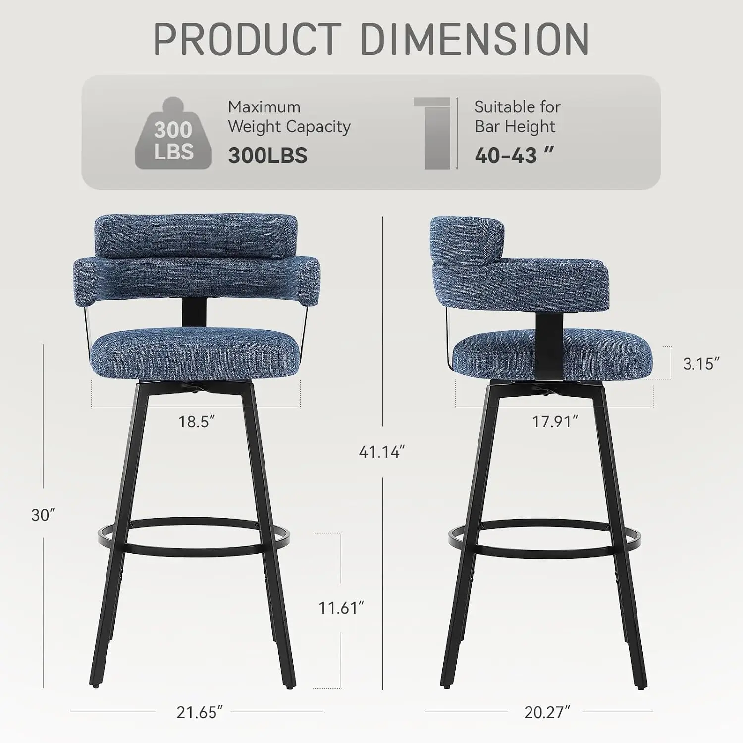 30 Inch Bar Stools Set of 2 with Full Back, Swivel Bar Chairs with Linen Padded Back, Metal Footrest, Modern Bar Height Stools for Kitchen Island, Dining, Living Room, Blue