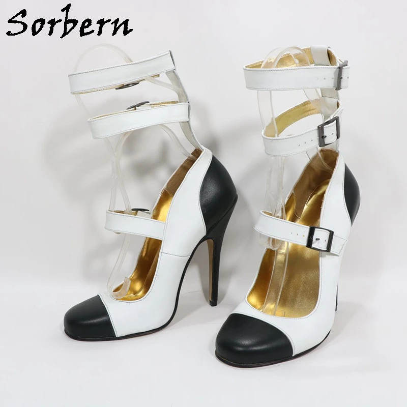 Sorbern Black And White Gladiator Style Women Pump Shoes Round Toe 14Cm High Heels Multi Buckles Stilettos Fetish Heeled